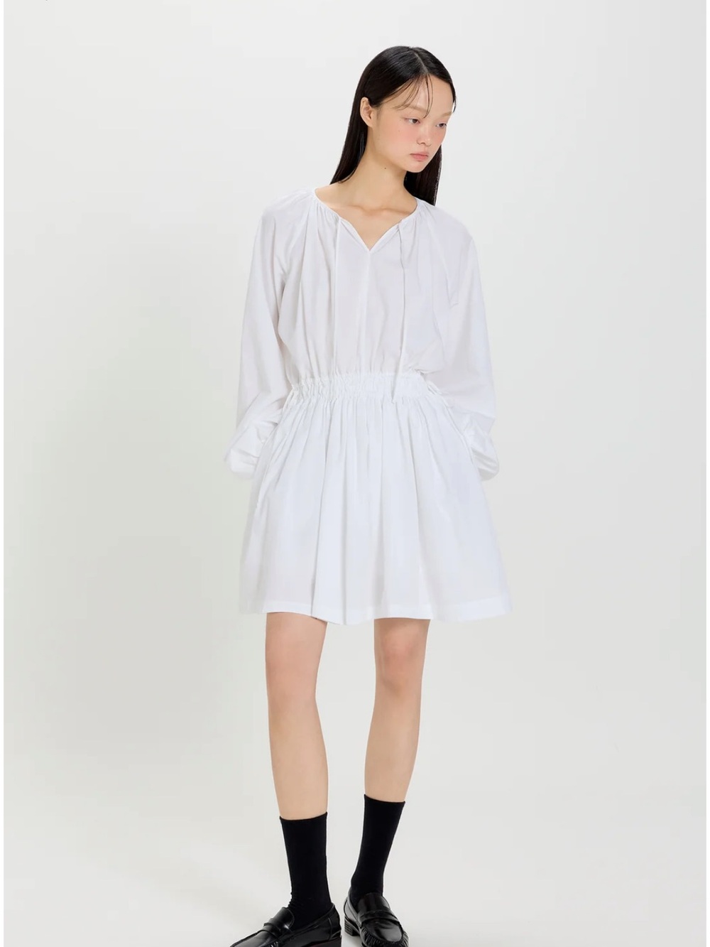Elastic-Waist White Long-Sleeve Mini Dress